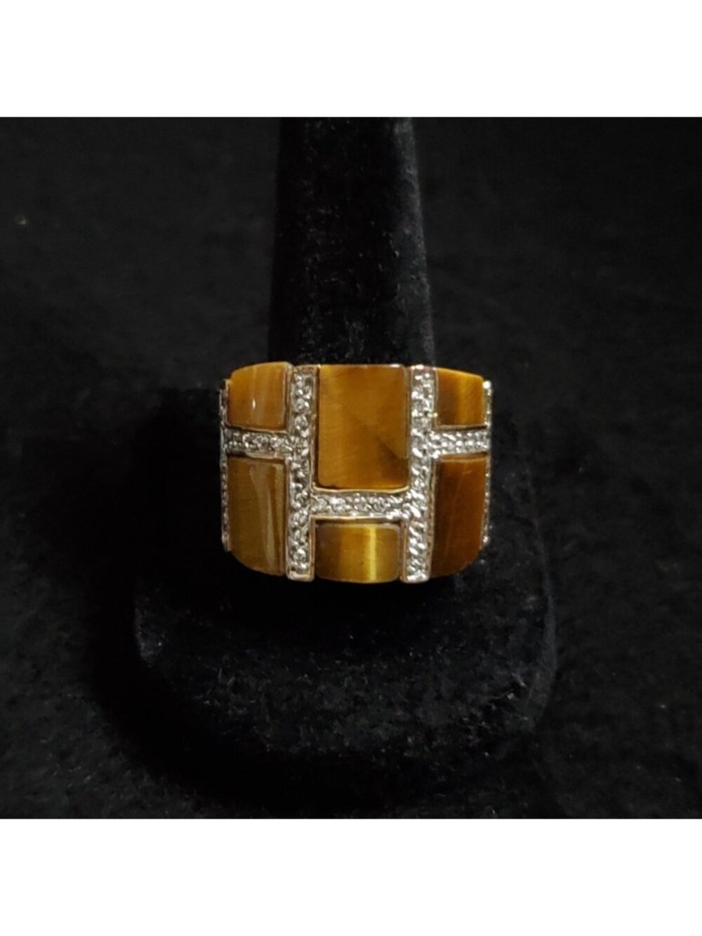 SETA Cocktail Ring Sz 9.5 Tigers Eye Rhinestone Gold Tone